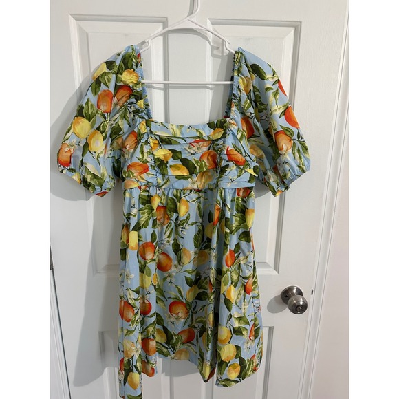 Free Assembly Womens Dress Blue Orange Lemon Print Tiered Mini Short Sleeve M - Picture 1 of 9